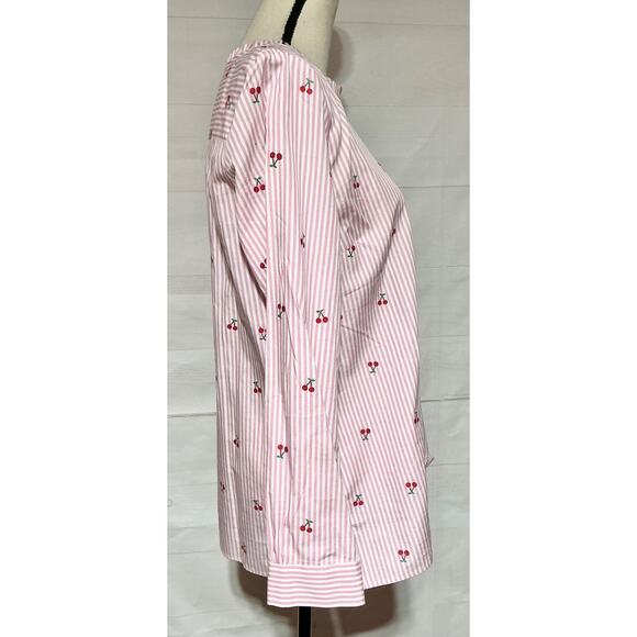 NWT TALBOTS sz M popover pink white cherry pullover 1/4 button ruffle blouse - Picture 2 of 8
